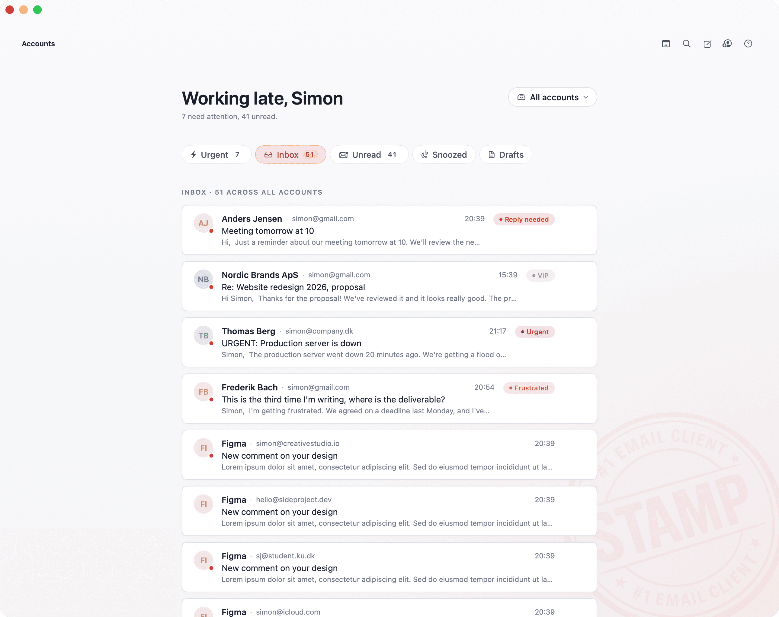 STAMP labels each email with priority tags including Urgent, VIP, Reply needed, and Frustrated