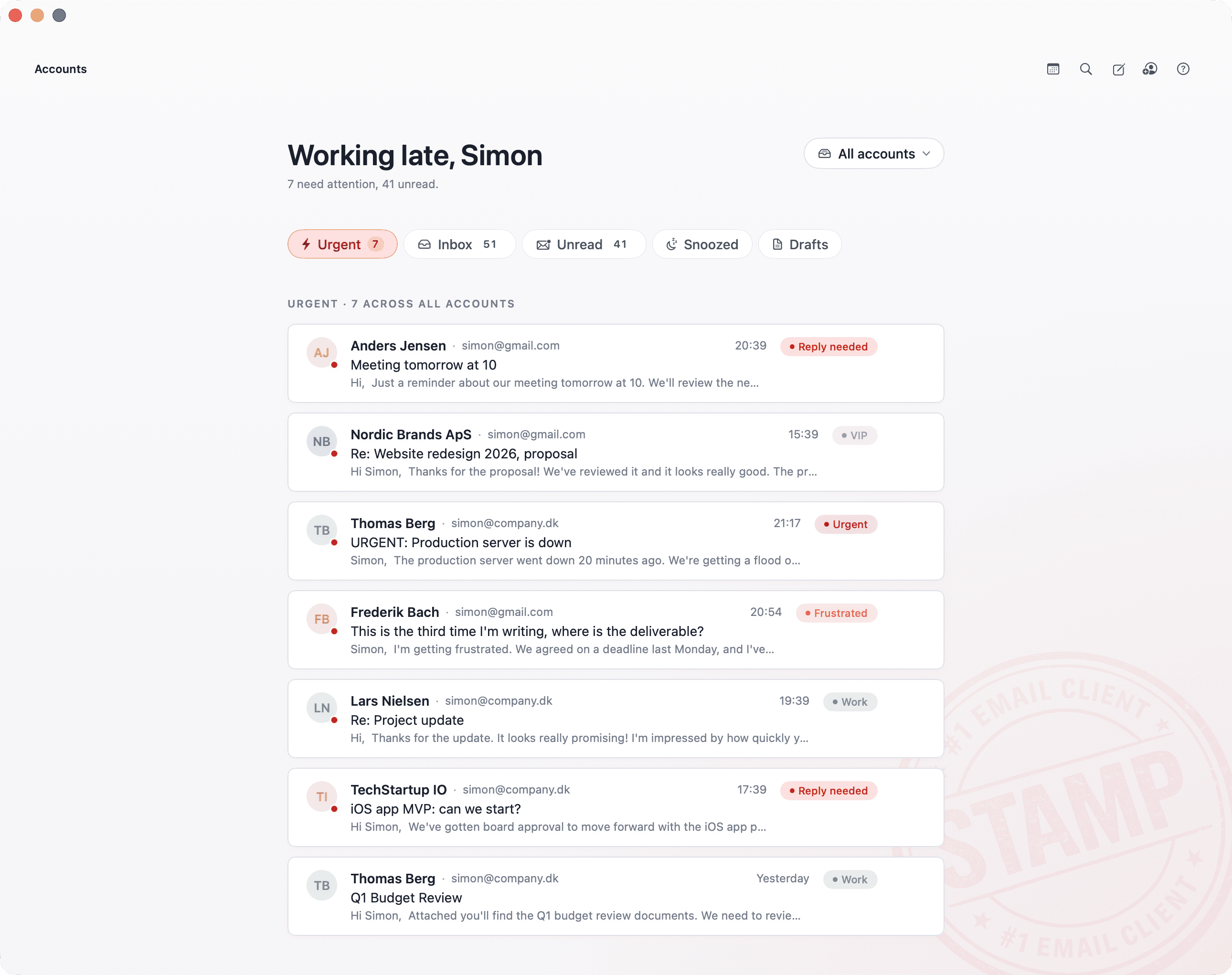 STAMP urgent triage view with 7 priority emails and clear tags for each thread