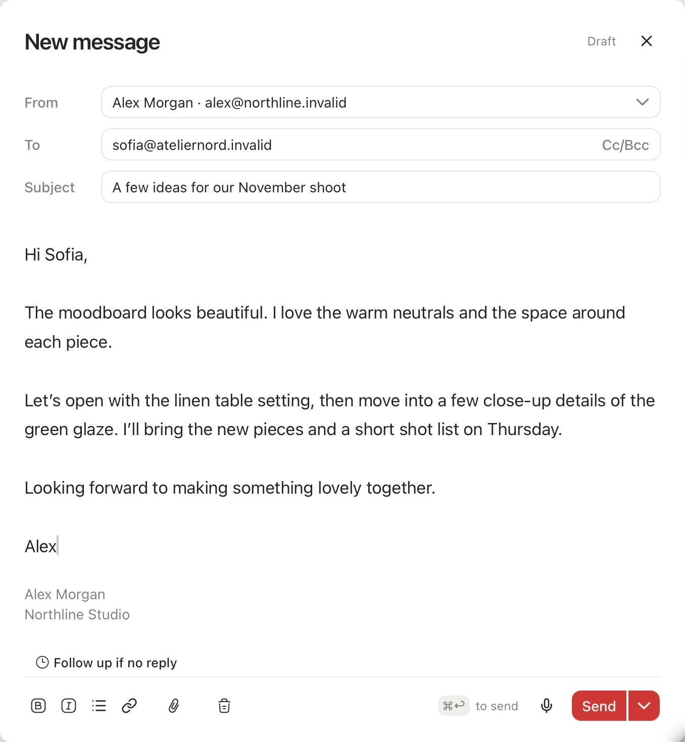 Actual Stamp compose window with an unsent fictional client draft about the November photoshoot