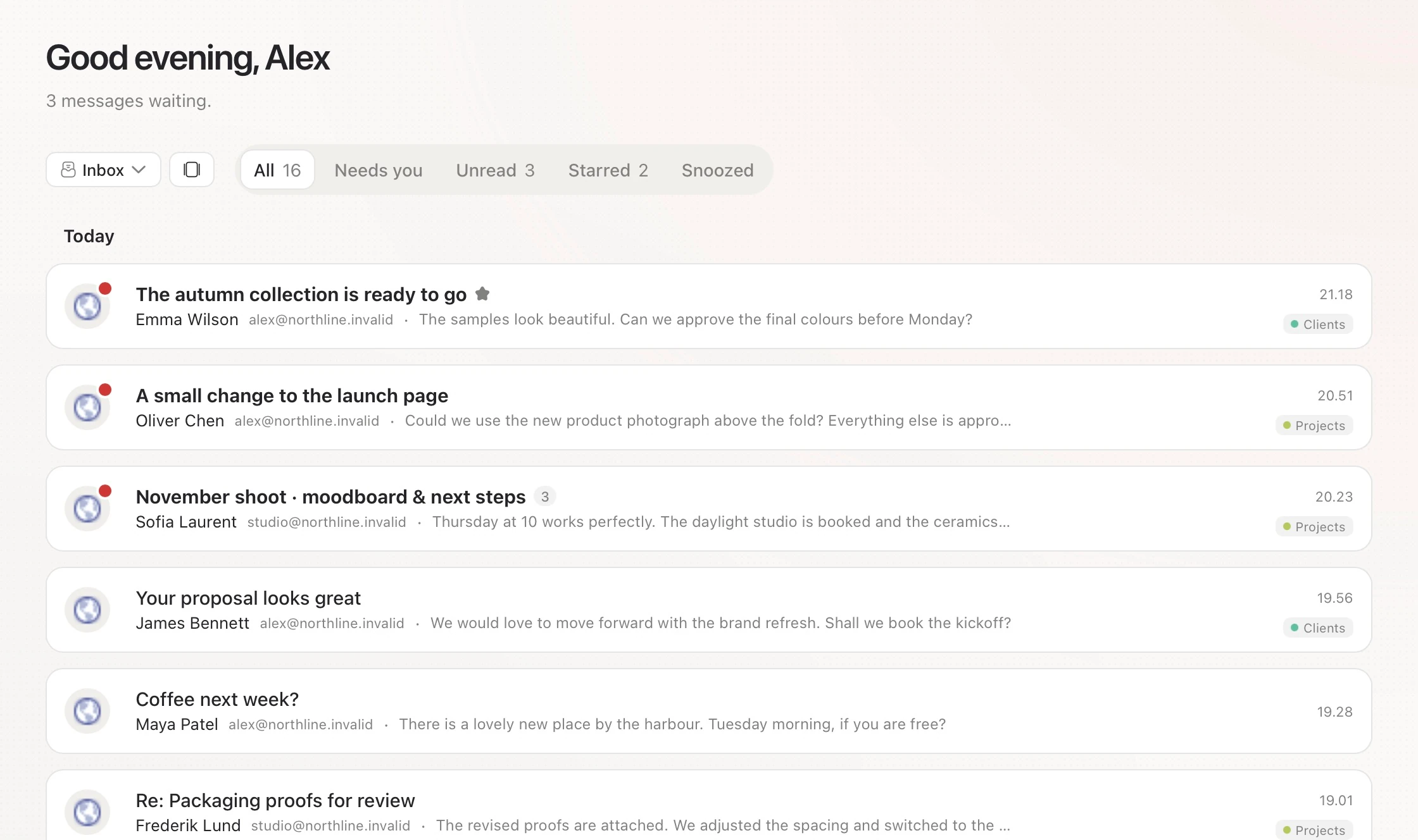 Stamp Dev inbox showing fictional Northline Studio client conversations, unread mail and project tags