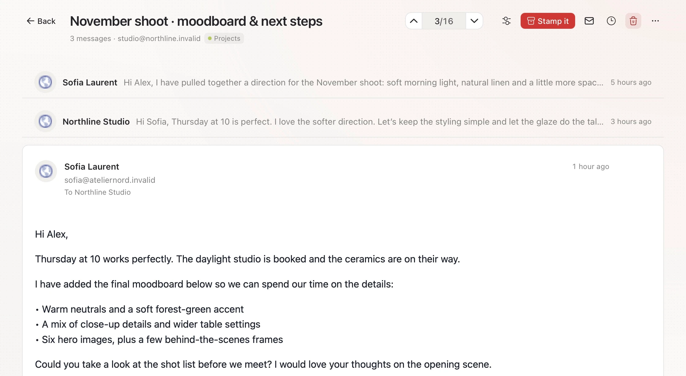 A three-message client conversation about a November photoshoot in the real Stamp reader