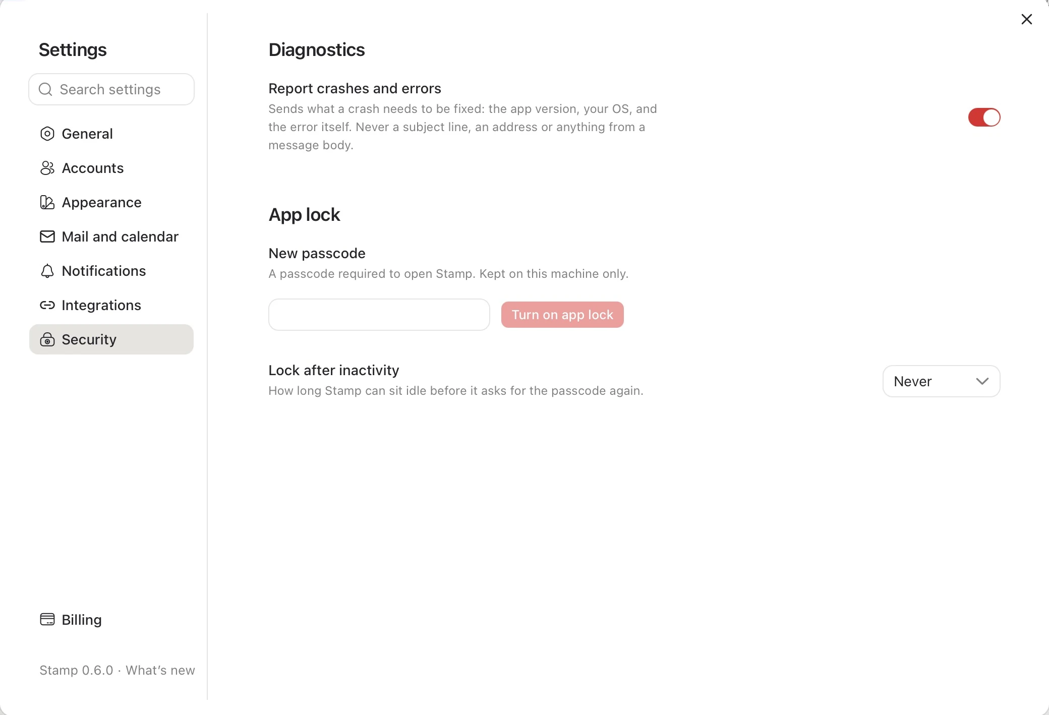Actual Stamp security settings describing private error reports and the optional local app lock
